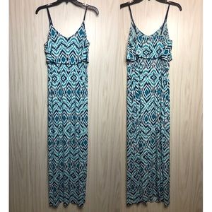 Trixxi Ruffle Geometric Maxi Dress Teal/ Turquoise